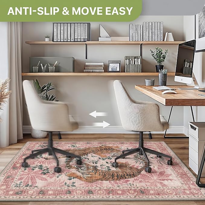 36"x48" Office Chair Mat for Hardwood Tile Floor, Under Desk Carpet Protector for Rolling Computer Chair Mat, Machine Washable Area Rug, Anti-Slip 1/5" Thick Low Pile Thin Vinyl Floor Mat, Pink Tiger