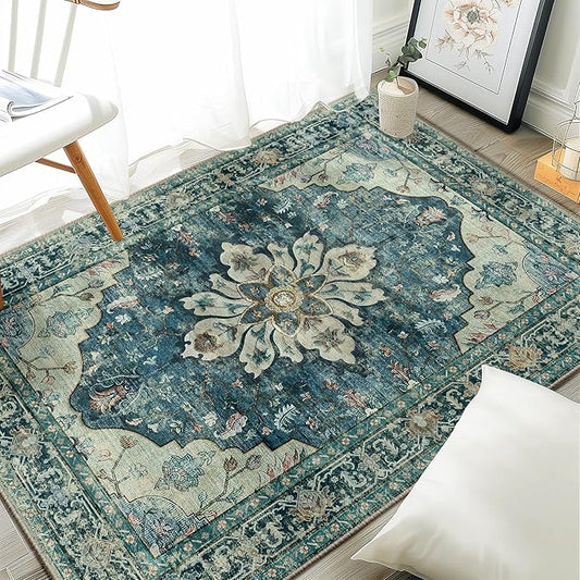 RELEANY Area Rugs 3'x4' Washable Non-Slip, Floral Vintage Distress Medallion Carpet for Living Room Bedroom Dining Room, Dark Blue Vintage