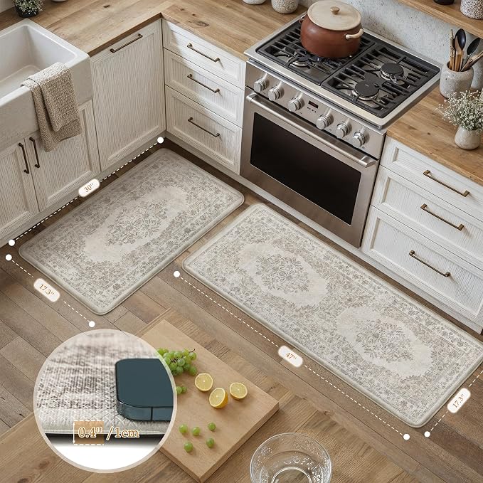 PureCozy Kitchen Mats 2PCS Anti Fatigue Cushioned Mat Beige Vintage Kitchen Mats for Floor Waterproof Non Slip Comfort Standing Medallion Floral Rug for Sink Laundry Office 17.3"x47"+17.3"x30"