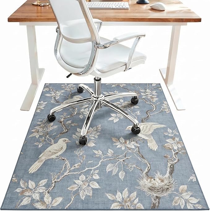 36"x60" Office Chair Mat for Hardwood Tile Floor, Under Desk Carpet Protector for Rolling Computer Chair Mat, Machine Washable Area Rug, Anti-Slip 1/5" Thick Low Pile Thin Vinyl Floor Mat, Dusty Blue