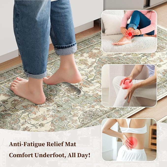 Boho Kitchen Mats for Floor 2 Piece Set Anti Fatigue Cushioned PVC Kitchen Rugs Non Slip Waterproof Farmhouse Mats 2/5 Inch Comfort Standing Mat for Laundry, 23.6"x39"+23.6"x59", Green Orange Beige