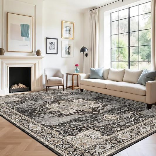 RUUGME 8x12 Washable Area Rug for Living Room,Indoor Large Boho Rugs for Bedroom Non Slip Stain Resistant Carpet for Dining Room/Office/Nursery Soft Home Decor Lightweight Floor Mat 8X12 Black
