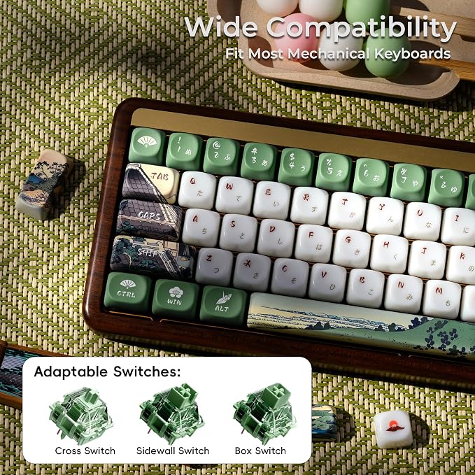 OHY XVX MOA Profile Keycaps Set, Japanese Mount Fuji Theme, 129 - Key White & Green Custom Keycaps with PBT + Frosted Translucent PC Material for US Layout Mechanical Keyboards