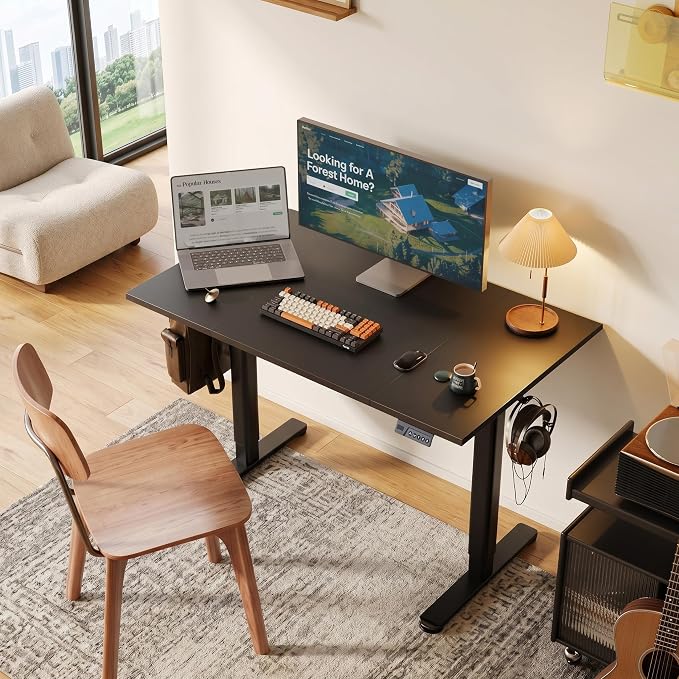 Claiks Electric Standing Desk, 48x24 Inch, Black | Adjustable height for sit-stand, 156lbs capacity, scratch-resistant surface, 3 memory presets, cable management & hook.