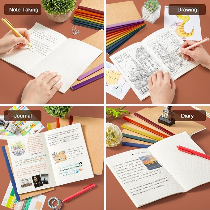 feela 16 Pack Composition Notebooks Bulk, Kraft Cover Lined Blank College Ruled Composition Travel Journals with Jewel Tone Spines For Women Students, 60 Pages, 8.3”x 5.5”, A5, 8 Vintage Colors