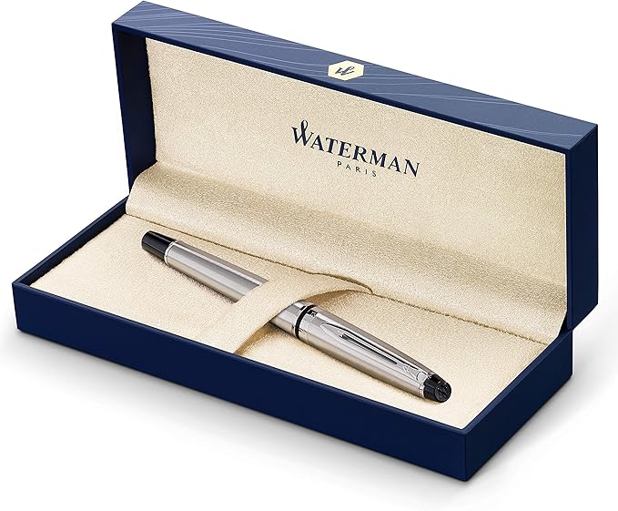 Waterman Expert Fountain Pen, Stainless Steel with Chrome Trim, Fine Nib with Blue Ink Cartridge, Gift Box