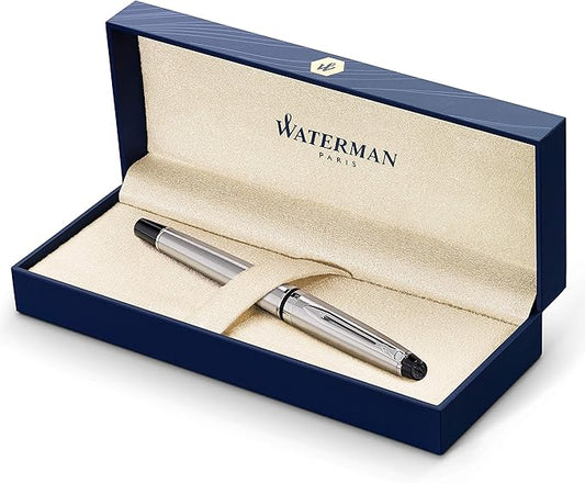 Waterman Expert Fountain Pen, Stainless Steel with Chrome Trim, Fine Nib with Blue Ink Cartridge, Gift Box