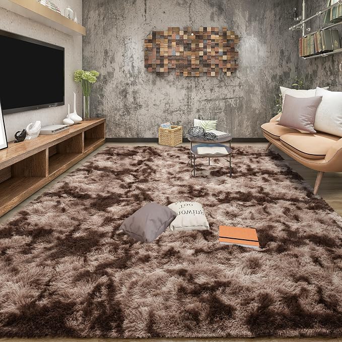 Tepook 4x6 Area Rugs for Living Room Bedroom, Soft Fluffy Plush Shaggy Girls Boys Kids Room Rug, Shag Upgrade Non-Slip Throw Carpet for Dorms Nursery Classroom Home Decor, Tie-Dyed Brown