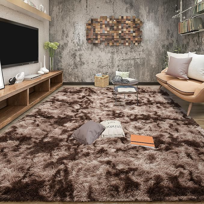 Tepook 8x10 Area Rugs for Living Room Bedroom, Soft Fluffy Plush Shaggy Girls Boys Kids Room Rug, Shag Upgrade Non-Slip Throw Carpet for Dorms Nursery Classroom Home Decor, Tie-Dyed Brown
