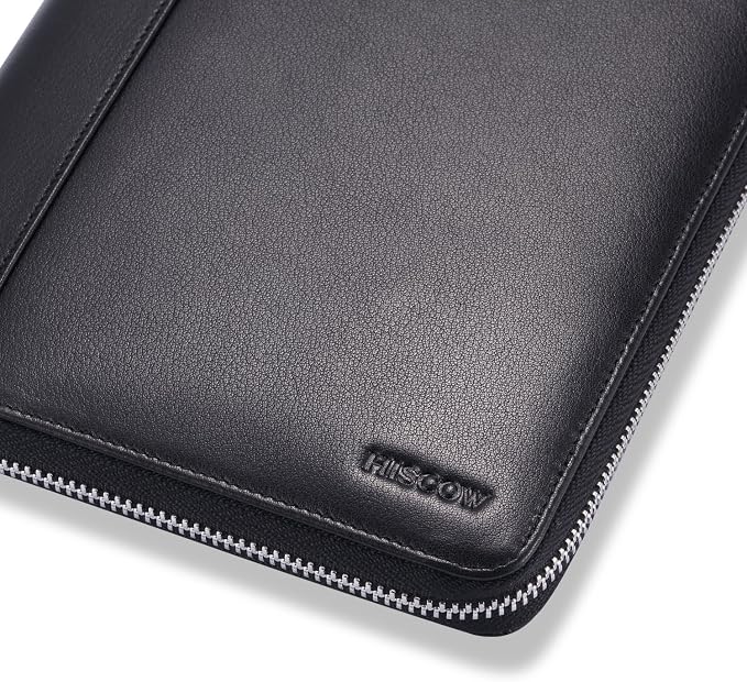HISCOW Zip-Around Leather Junior Padfolio, 5x8 Notepad Cover, Black | Italian full-grain cowhide, top-loading legal pad holder, tablet and document sleeve, 2 card slots, rigid pen loop