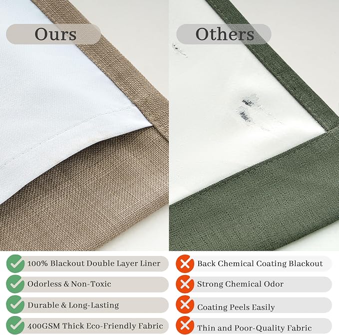 Pleat Dark Tan Ceiling Drapes 108 Inches Long 2 Panels Set for Living Room, Lush Decor Memory Shape Pinch Pleated Black Out Linen Blend Large Window Curtains Privacy with Hooks Rings for Office 9 FT