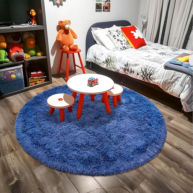 Awaytail Round Fluffy Circle Rug - 6FT Navy Blue Super Soft Shaggy Plush Furry Carpet for Kids & Teens Room