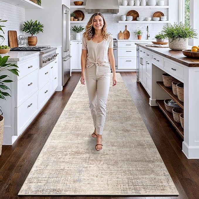 3x12 Hallway Washable Runner Rug - Non-Slip Kitchen Rugs with Rubber Backing Abstract Low-Pile Carpet Runners for Laundry Room Home Decor Bedroom Bathroom Entryway (Ivory Beige Distressed,3x12)