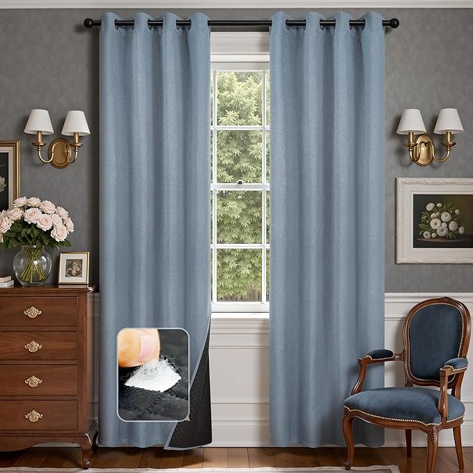 DriftAway Blackout Soundproof Thermal Insulated Linen Textured Curtains with Quilted Thermal Lining for Cold and Heat Blocking Noise Reducing Daytime Sleep 1 PC 52 Inches by 86 Inches Dusty Blue