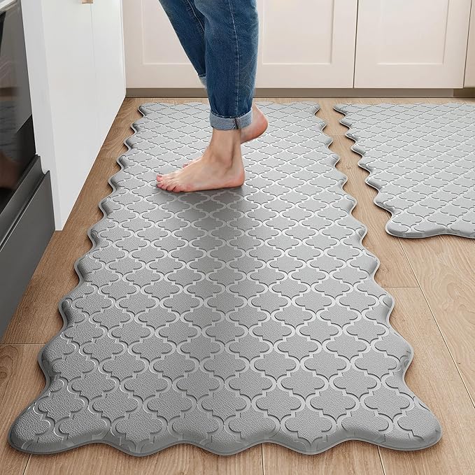 Upgrade Scalloped Embossed Kitchen Mats for Floor 2PCS Cushioned Anti Fatigue Waterproof Foam Kitchen Rugs Non Slip Washable Comfort Standing Mat for Sink Laundry, 17.3"x30"+17.3"x59", Grey