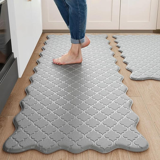 Upgrade Scalloped Embossed Kitchen Mats for Floor 2PCS Cushioned Anti Fatigue Waterproof Foam Kitchen Rugs Non Slip Washable Comfort Standing Mat for Sink Laundry, 17.3"x30"+17.3"x59", Grey