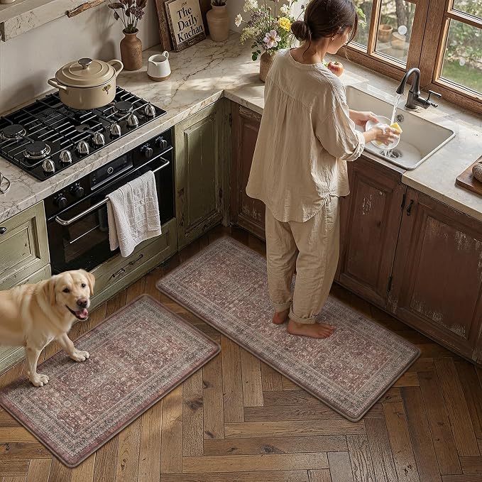 2-Piece Red Vintage Kitchen Mat Set | Washable, Anti Fatigue, Non Slip, Soft, Vintage, Floral, Distressed, Farmhouse, for Sink Entryway Bathroom Laundry