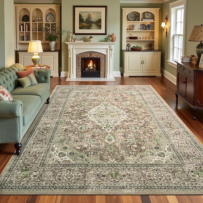 Green Washable Vintage Non Slip Area Rug, 8x10 Boho Floral Living Room Rugs, Soft Low Pile Indoor Mat, Aesthetic Pattern Carpet for Bedroom Kitchen and Dining Room