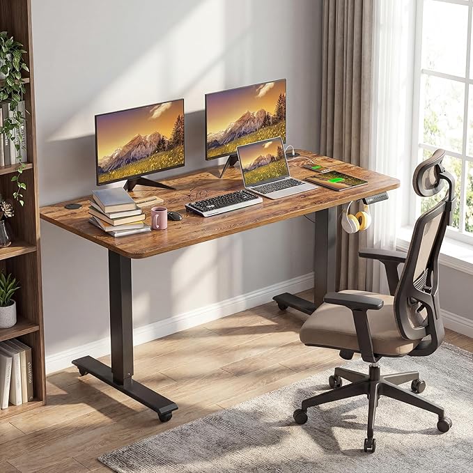 Electric Standing Desk with Power Outlets and USB-C Port, 48 x 24 Inches Adjustable Height Sit Stand Up Desk for Home Office, Adjustable Desk with Memory Preset and Wheels, Brown