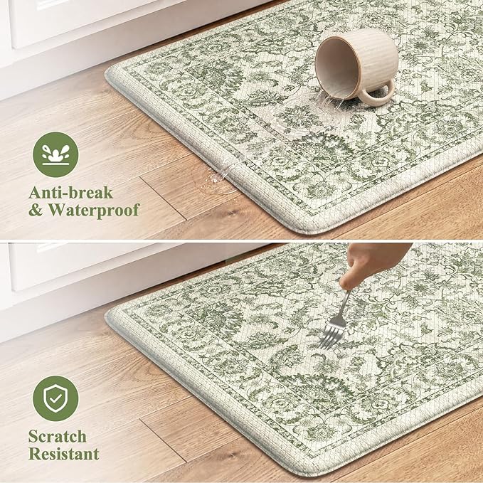 KIMODE Kitchen Mats Cushioned Anti Fatigue 2 PCS, Boho Kitchen Mats Stain Resistant, Standing Kitchen Runner Rug, Non Slip Waterproof Kitchen Sink Floor Mat, 17.3"x59"+17.3"x29", Sage Green