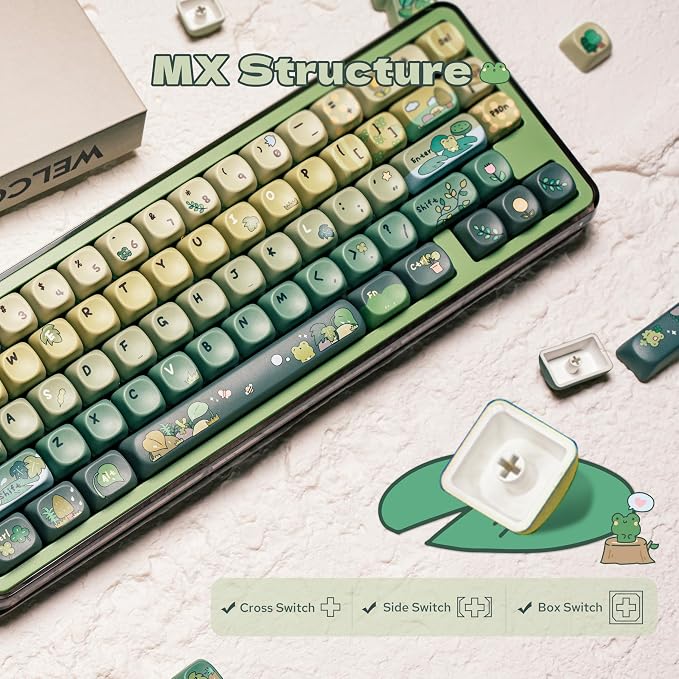 KiiBoom X Cosydiaries Rainy Froggy Day Keycap Set, 144 Keycaps, PBT Custom Keycaps for Mechanical Keyboard, Compatible with ANSI/ISO, 60%, 65%, 75%, TKL, Full-Sized Layout (MOA Profile)