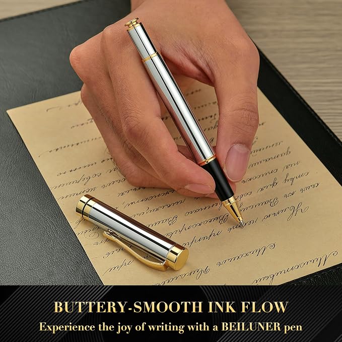BEILUNER Personalized Ballpoint Pens, Stunning Bright Silver Chrome Metal Pen with Golden Trim, Fancy Ball Pen Gift Set for Men & Women, Graduation,Office, Nice Gift Box with 0.5mm Black Spare Refill