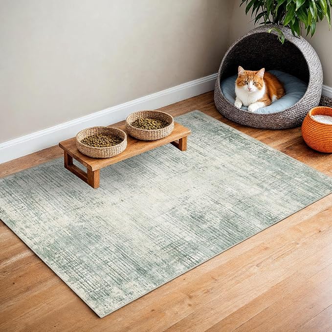 Washable Entryway 2x3 Area Rug: Small Abstract Kitchen Rugs for Indoor Bathroom Entrance Non Slip Door Mat with Rubber Backing Ultra Thin Soft Carpet for Bedroom Pet Feeding Area (Green,2x3)