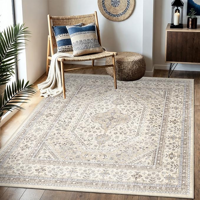 5X5 Square Rug for Living Room - Washable Kitchen Area Rug with Non Slip Rubber Backing for Bedroom Indoor Soft Stain Resistant Carpet Desk Rug for Pet-Friendly and Kitchen Decor Beige/Gray