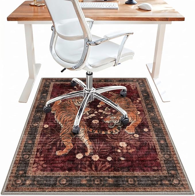 48"x60" Office Chair Mat for Hardwood Tile Floor, Under Desk Carpet Protector for Rolling Computer Chair Mat, Machine Washable Area Rug, Anti-Slip 1/5" Thick Low Pile Thin Vinyl Floor Mat, Rust Brown