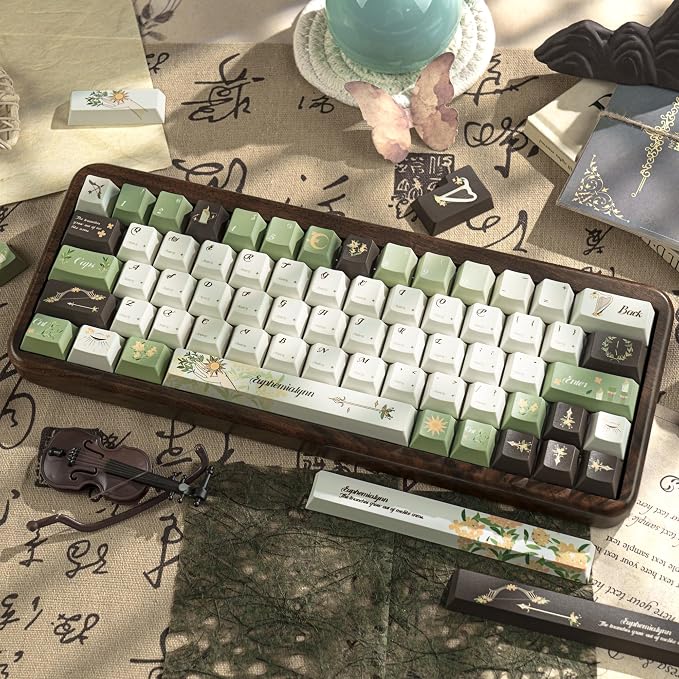 150 Keys Green PBT Keycaps, Laurel Theme Custom Keycap Cherry Profile, Dye-Sublimation Keycaps Set for 61/64/68/84/87/100/104/108 Cherry MX Mechanical Keyboards