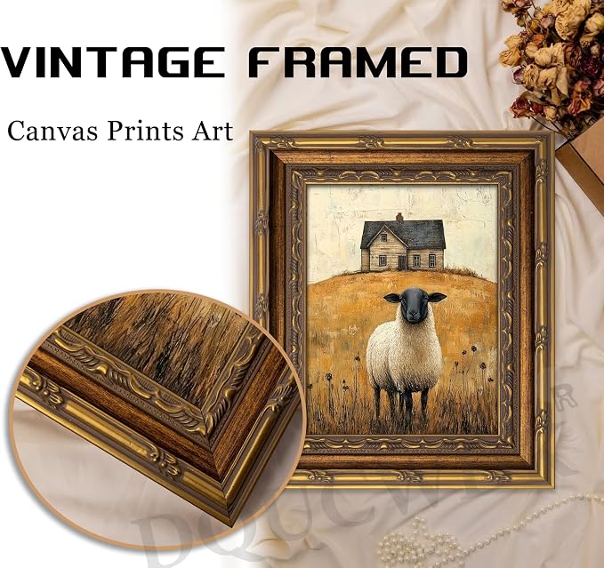 Vintage Gold Framed Wall Art Retro Country Sheep Oil Painting Canvas Prints Farmhouse Landscape Picture Wall Decor Rustic Farmhouse Animal Poster Artwork for Living Room Bedroom Bathroom, 9x11in