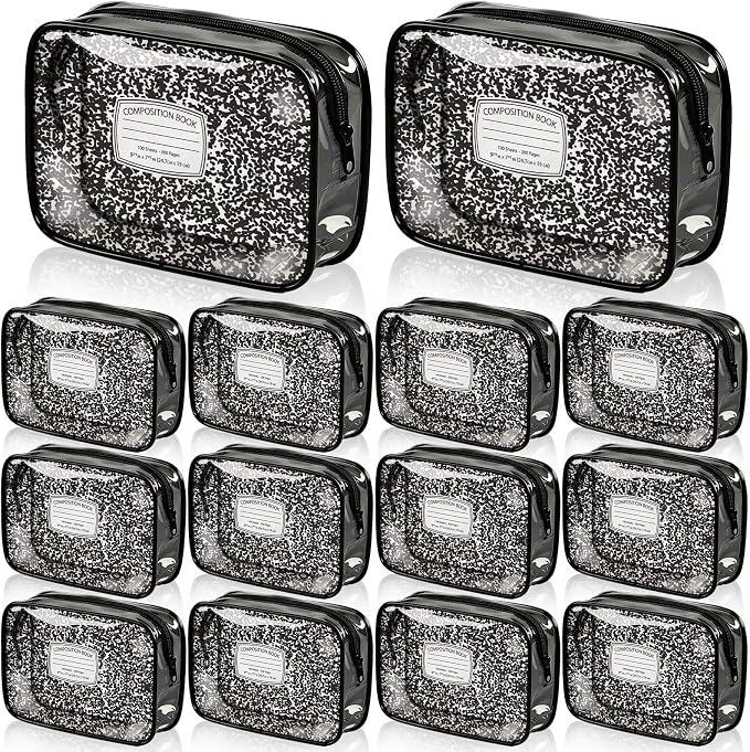 Suclain 12 Pack Back to School Gift for Teacher, Composition Book Theme PVC Zipper Organizer Pouches, 7.9 × 5.9 × 2.4 in Storage Bags for Classroom Rewards Teacher Student Gift Bags
