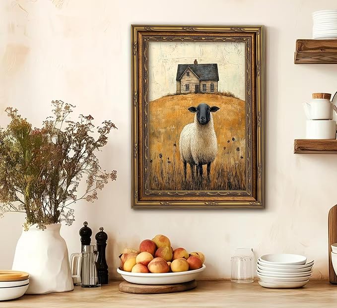 Vintage Gold Framed Wall Art Retro Country Sheep Oil Painting Canvas Prints Farmhouse Landscape Picture Wall Decor Rustic Farmhouse Animal Poster Artwork for Living Room Bedroom Bathroom, 9x11in
