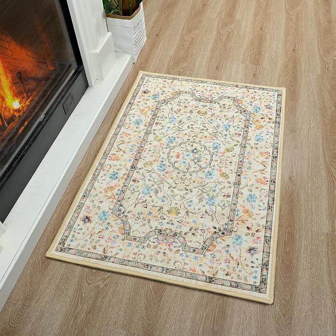 Vasofe 2x3 Area Rug for Bedroom, Small Rugs for Entryway, Kitchen, Bathroom, Non-Slip Washable Carpet Soft Low Pile Vintage Floral Beige Mat Front Door Mats for Indoor Entrance