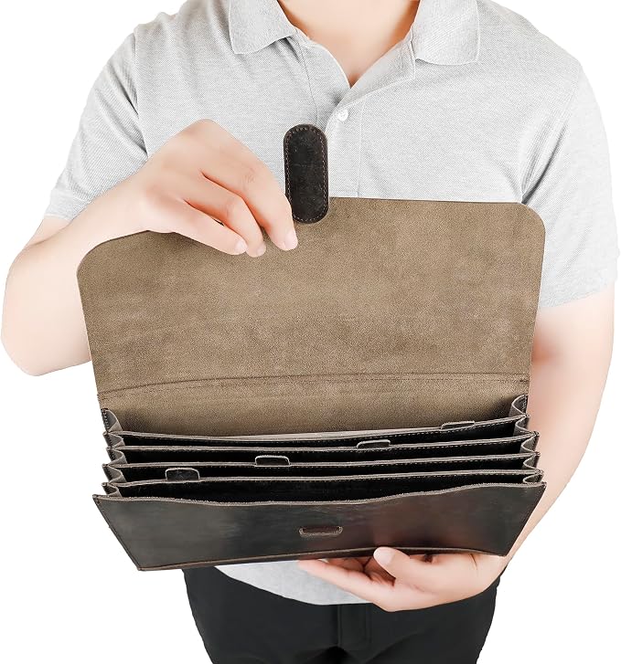 Genuine Leather File Folder, Accordian File Organizer, Leather Document Holder Resume Folio for Men & Women - Grey