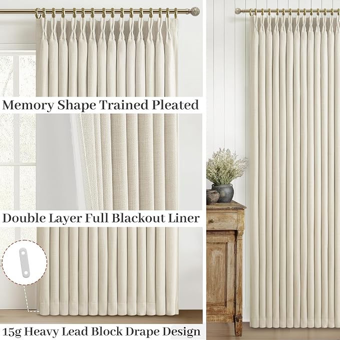 Blackout Extra Wide 70 Inch Cream Boho Curtains 108 Inches Long for Bedroom 2 Panels, Memory Trained Pinch Pleat Dual Layer Linen Insulated Ceiling Drapes Soundproof Privacy 9 FT Length Large Curtain