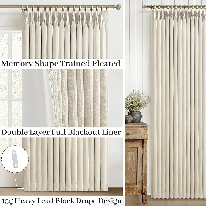 PleatedDrapes Light Cream Blackout Curtains 102 Inches Long for Dining Room, Petty Memory Shape Pinch Pleat Natural Linen Drapes Energy Saving Privacy Two Layer Thick Curtain for Playroom 2 Panels Set