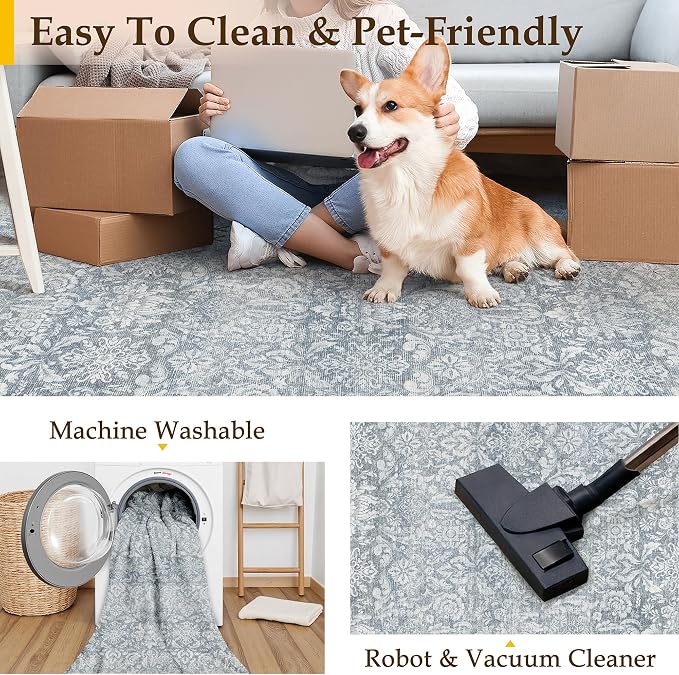 PureCozy Washable Area Rug 2x3, Small Non-Slip Entryway Door Mat Vintage Low Plie Thin Indoor Kitchen Bathroom Rug Retro Accent Throw Entrance Bedroom Office Carpet Blue