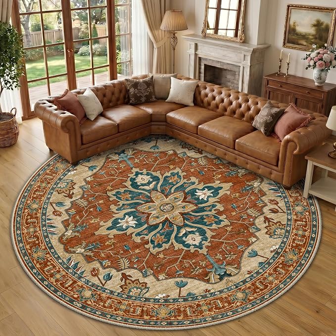 RELEANY Area Rugs Round 10ft Washable Non-Slip, Floral Vintage Distress Medallion Carpet for Living Room Bedroom Dining Room, Red Orange Blue Brown