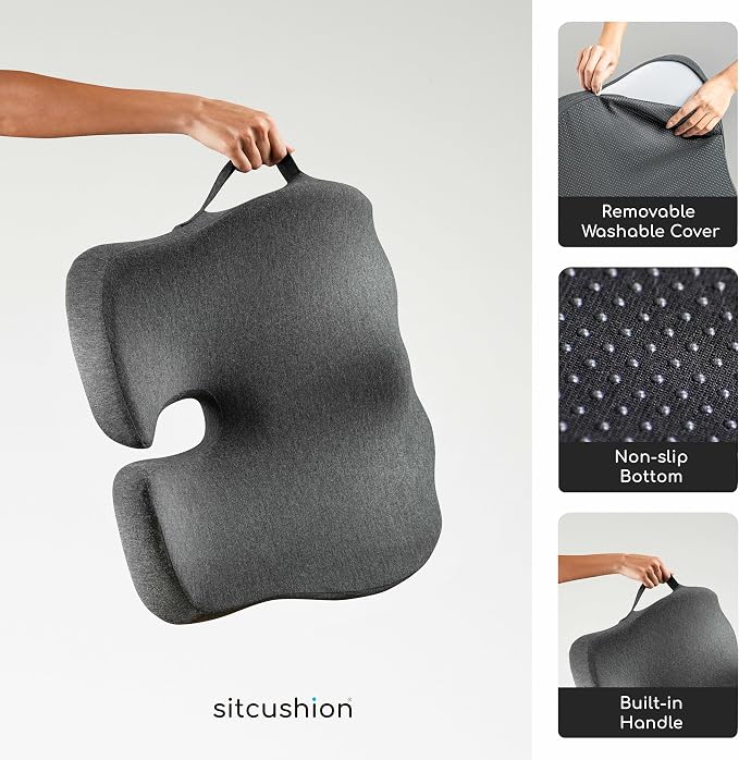SitCushion Car Seat Cushion for Long Driving – X Large Memory Foam Seat Cushion for Sciatica & Tailbone Pain Relief, Orthopedic Coccyx Cushion with Non-Slip Bottom, Back Pillow for Car, Truck (Black)