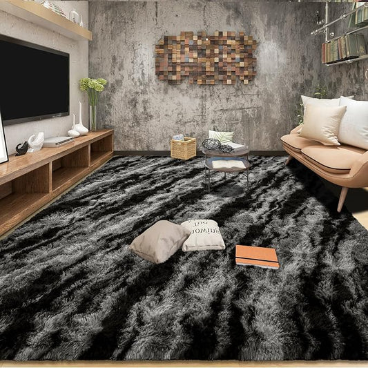 Tepook Fluffy Large Rugs for Living Room, 8x10 Area Rugs for Bedroom, Modern Shag Fuzzy Carpets for Kids Boys Girls, Plush Indoor Nursery Home Decor Rug with Non-Slip Bottom, Black Grey