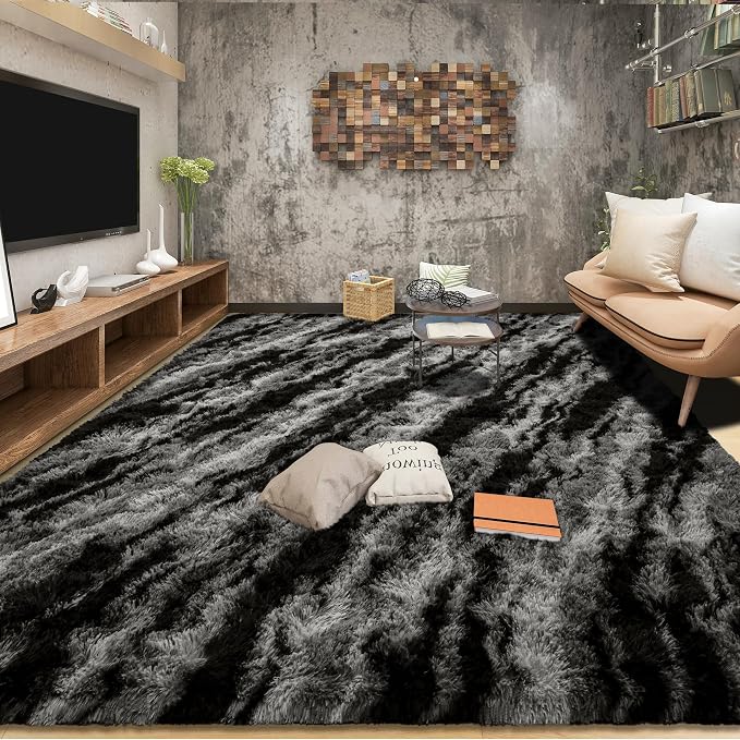 Tepook Area Rugs 9x12 for Living Room, Super Soft Fluffy Rugs for Bedroom, Modern Shaggy Rug Fuzzy Carpets for Kids, Plush Indoor Nursery Home Decor Rug with Non-Slip Bottom, Black Grey