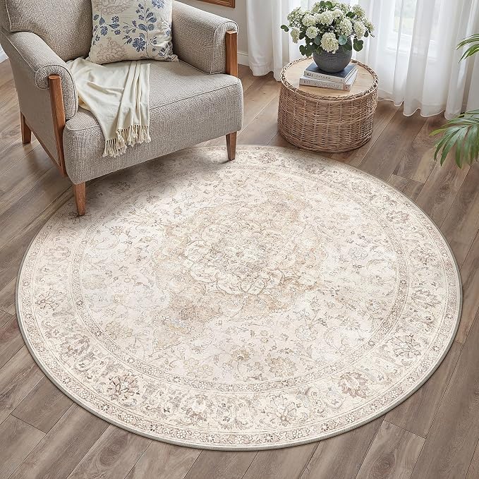 HUGEAR 5ft Round Rug Entryway Rugs Machine Washable Beige Hallway Area Rug 5x5 Small Circle Floral Low Pile Carpet Soft Throw Rug Living Office Laundry Entrance Non Slip