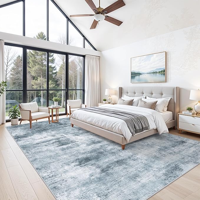 10x14 Area Rug Living Room – Washable Large Neutral Modern Abstract Soft Low Pile Non-Slip Thin Carpet for Bedroom, Dining Room, Home Office (Misty Blue Gray)