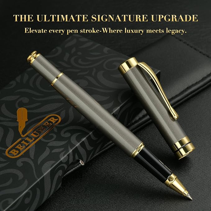 BEILUNER Ballpoint Pens, Stunning Grey Chrome Metal Pen with Golden Trim, Fancy Ball Pen Gift Set for Men & Women, Professional, Executive, Office,Journal Pens-Gift Box with 0.5mm Black Extra Refill