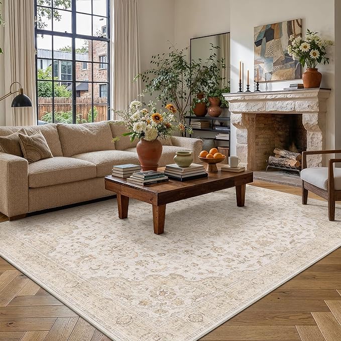 PureCozy 9x12 Area Rug Washable Neutral Beige Brown Vintage Living Room Bedroom Carpet Non Slip Low Pile Soft Floral Indoor Large Throw Rug for Dining Room Office