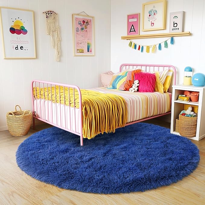 3'x3' Blue Round Rug for Bedroom, Ultra Soft Fluffy Circle Rug for Kids Girls Boys Room, Cute Small Shag Rugs for Living Room Playroom Teen Room Home Decor Rug