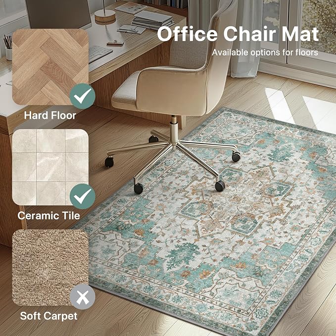 36"x48" Office Chair Mat for Hardwood Tile Floor, Under Desk Carpet Protector for Rolling Computer Chair Mat, Machine Washable Area Rug, Anti-Slip 1/5" Thick Low Pile Thin Vinyl Floor Mat, Cyan