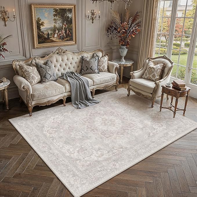 PureCozy Gray 6x9 Area Rug for Living Room Washable Vintage Large Carpet Non Slip Low Pile Indoor Bedroom Soft Retro Oriental Medallion Grey Accent Throw Rug for Kitchen Dining Room Office