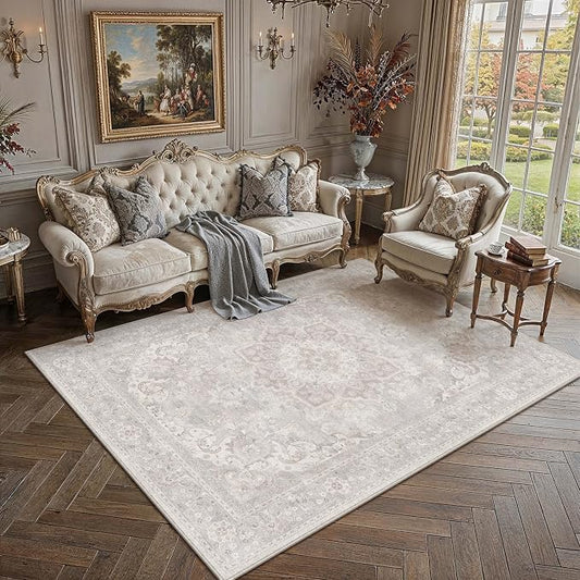 PureCozy Gray 6x9 Area Rug for Living Room Washable Vintage Large Carpet Non Slip Low Pile Indoor Bedroom Soft Retro Oriental Medallion Grey Accent Throw Rug for Kitchen Dining Room Office